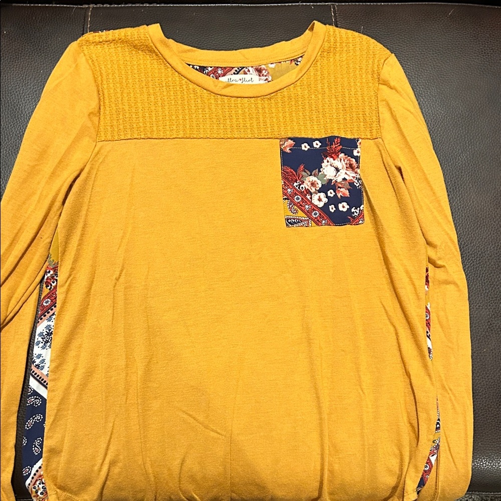 New York & Company Mustard Yellow Blouse with Floral Accents